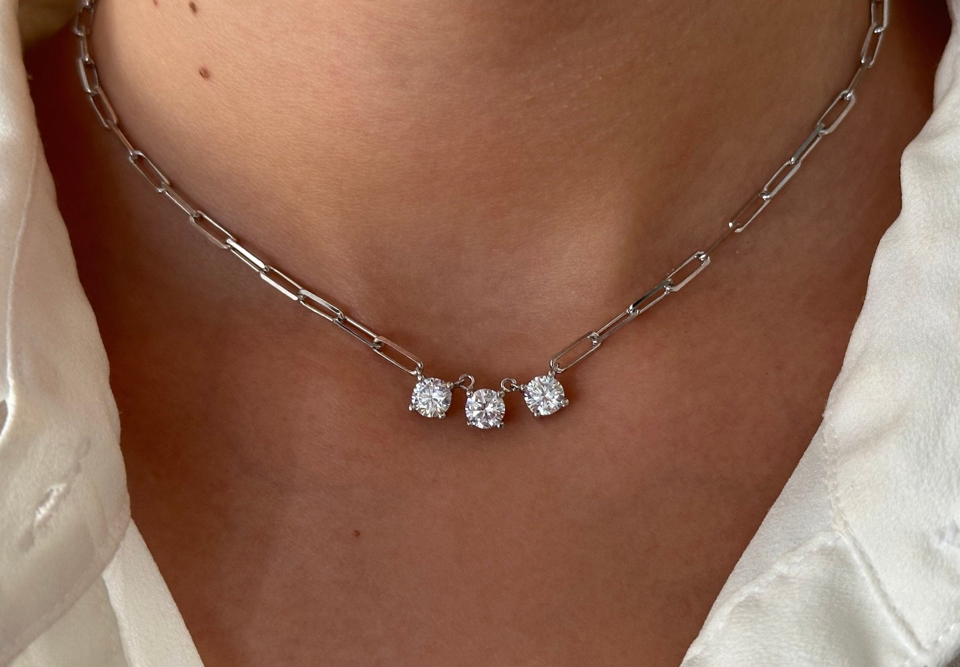 Sterling Silver Solitaire Diamond Necklace: 14k Gold Plated Paperclip Chain Bridesmaid Gift