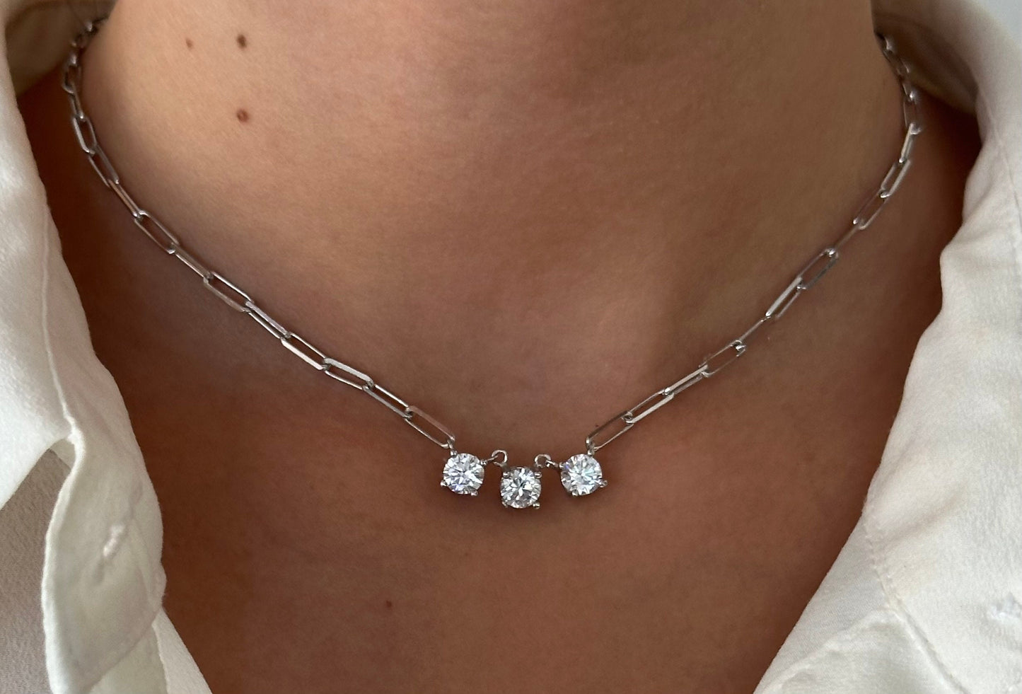 Sterling Silver Solitaire Diamond Necklace: 14k Gold Plated Paperclip Chain Bridesmaid Gift