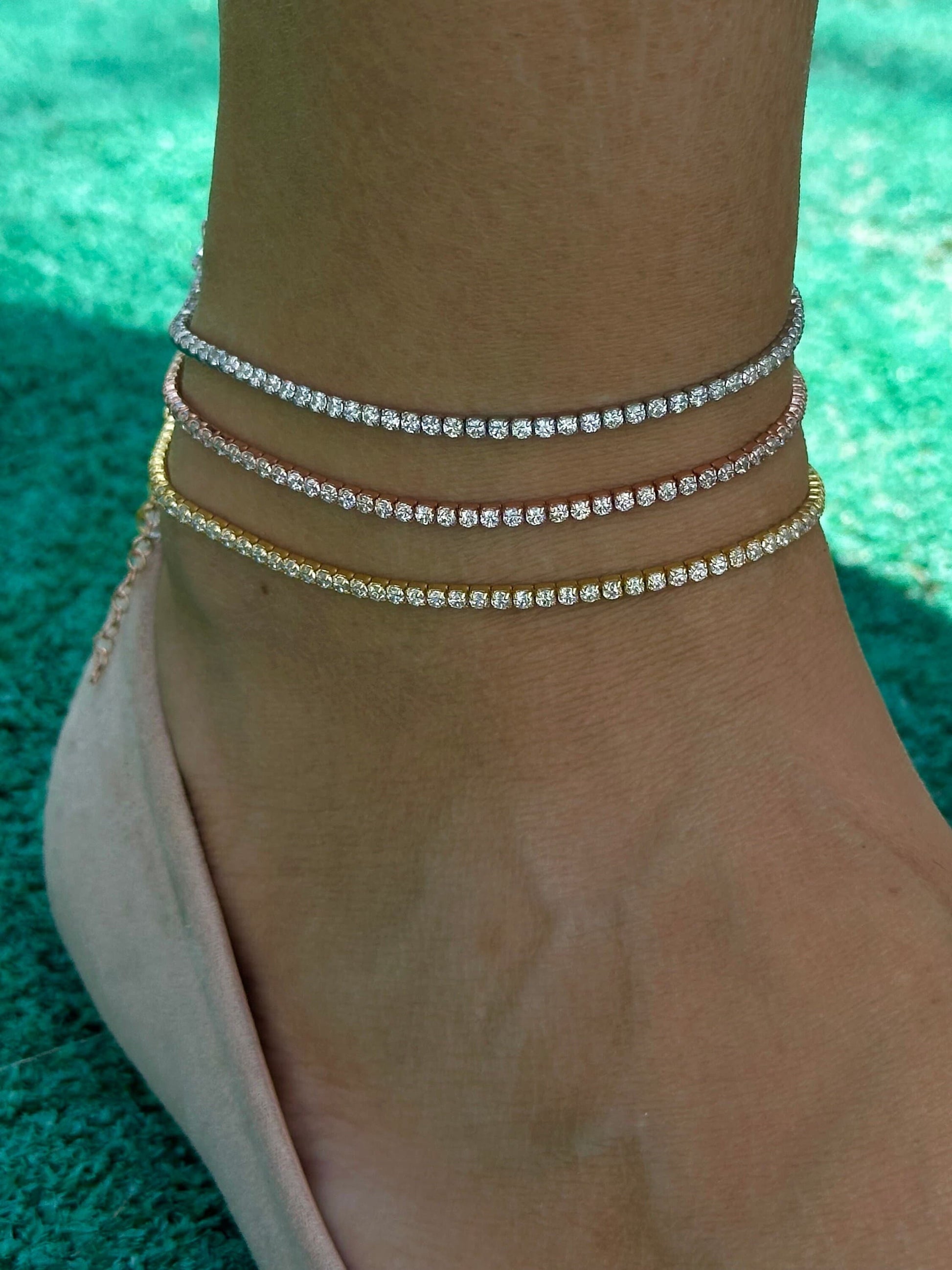 Gold plated tennis anklet with cubic zirconia
