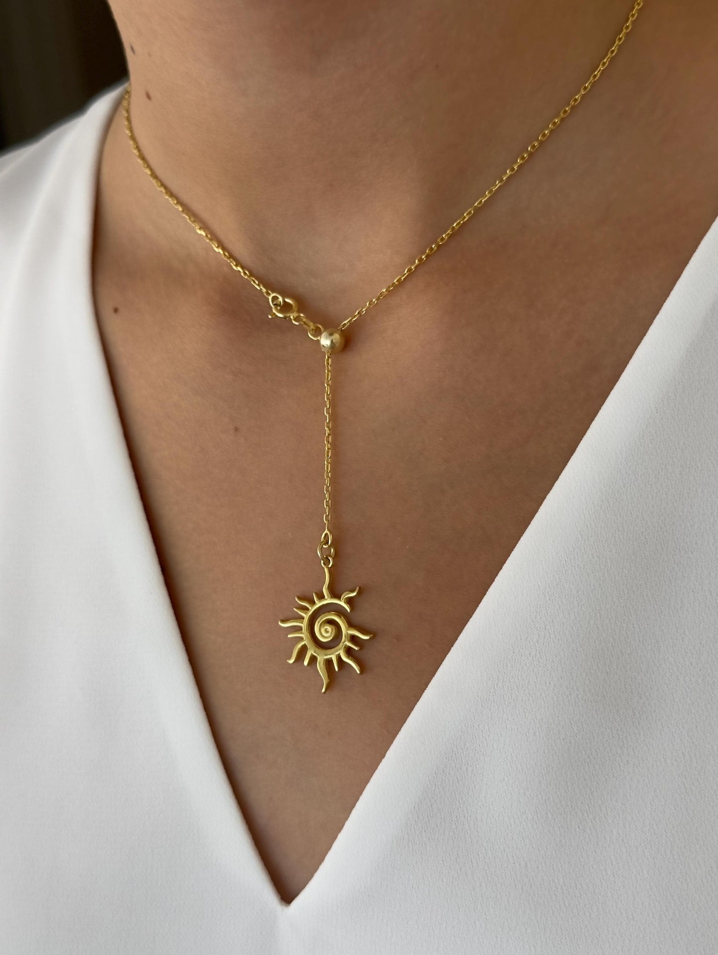 Lariat Necklace Women with Sun Pendant, Drop Y Shape Necklace, Long Y Necklace, Birthday Gift for her, 925 Sterling Silver 14K Gold Plated.