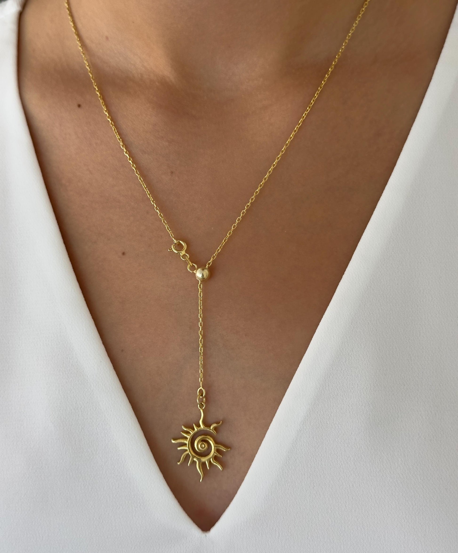 Long Lariat Necklace, Layering Y Sun Necklace Pendant, Adjustable Sliding Bead Chain Necklace Gold 14k Jewelry Gift for Her 925 Sterling