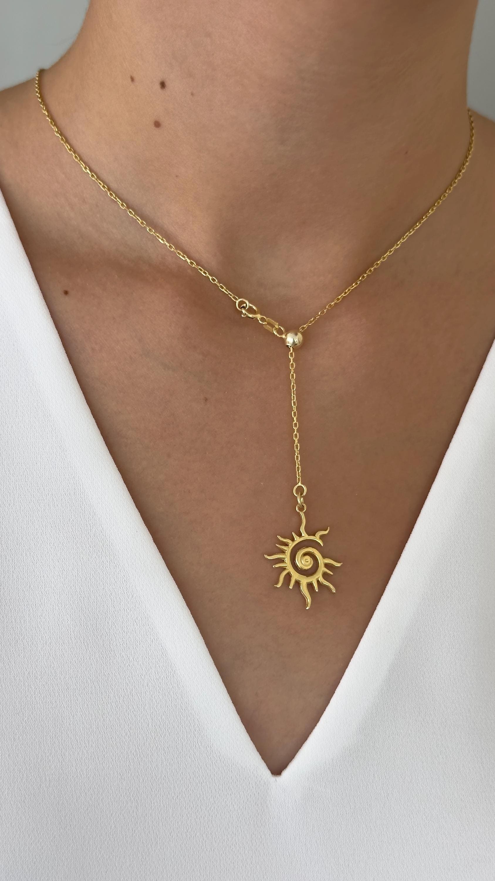 Long Lariat Necklace, Layering Y Sun Necklace Pendant, Adjustable Sliding Bead Chain Necklace Gold 14k Jewelry Gift for Her 925 Sterling