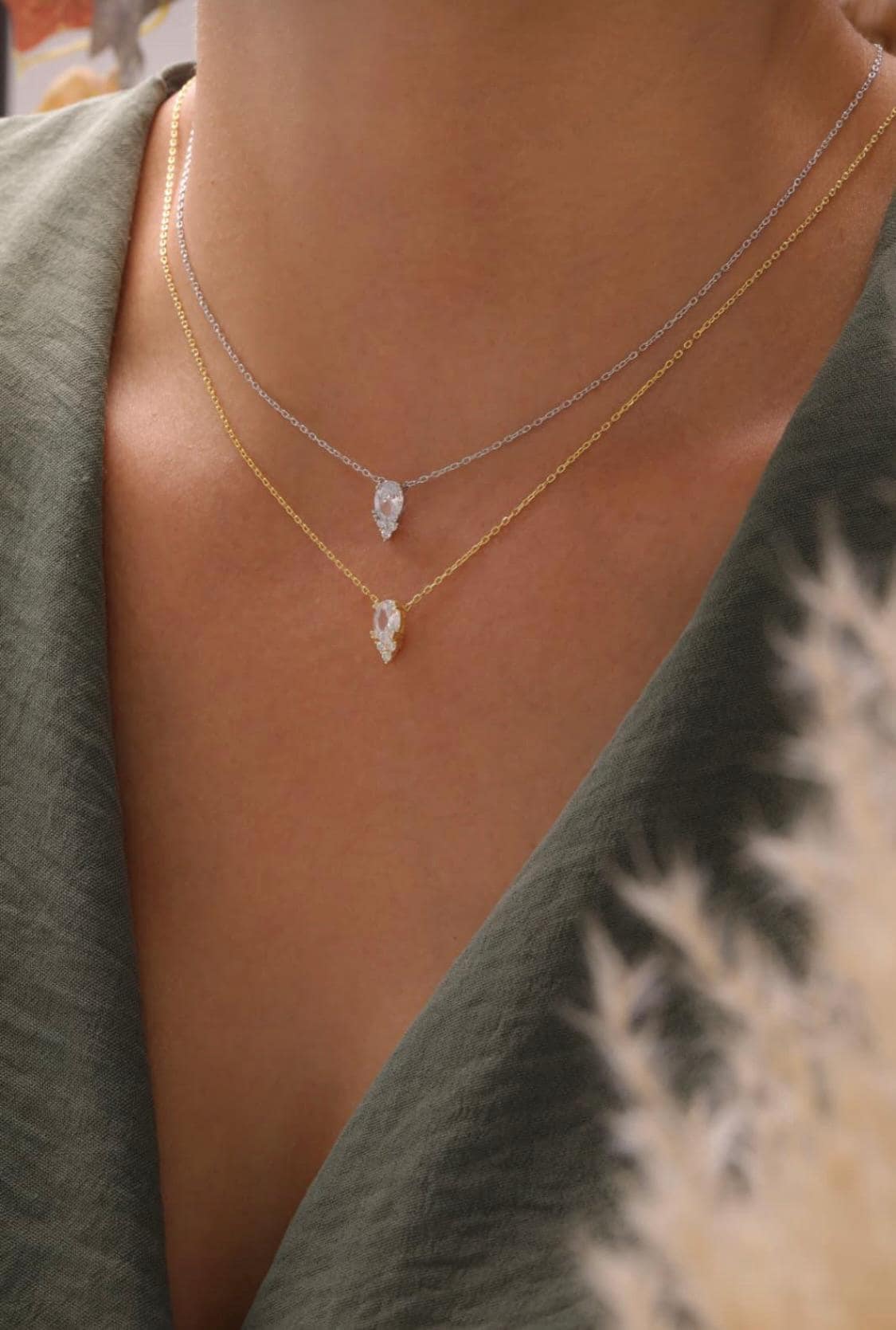 Teardrop Diamond Baguette Necklace: CZ Gemstone Pendant 925 Sterling Silver, 14k Gold Plated