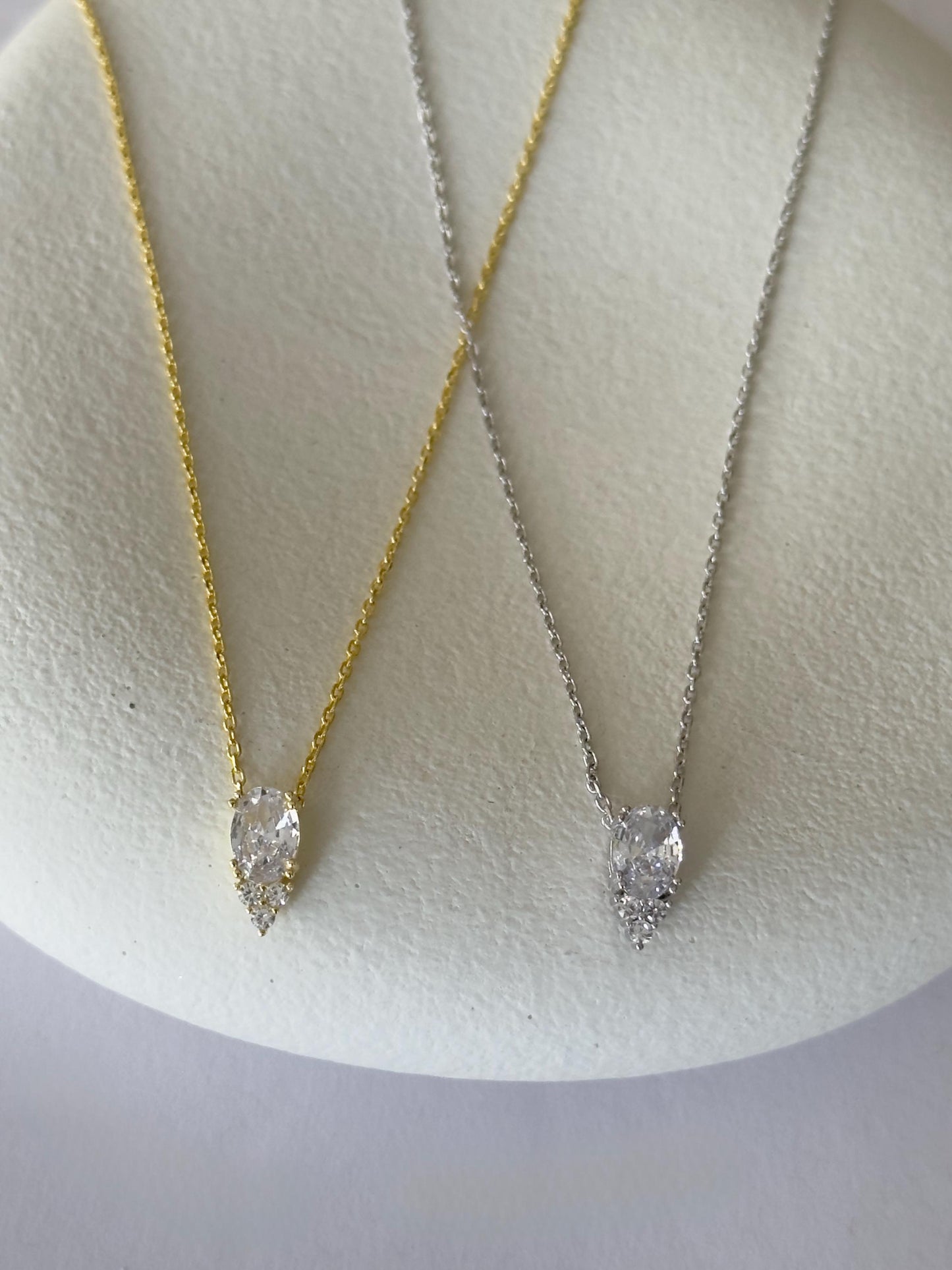 Teardrop Diamond Baguette Necklace: CZ Gemstone Pendant 925 Sterling Silver, 14k Gold Plated