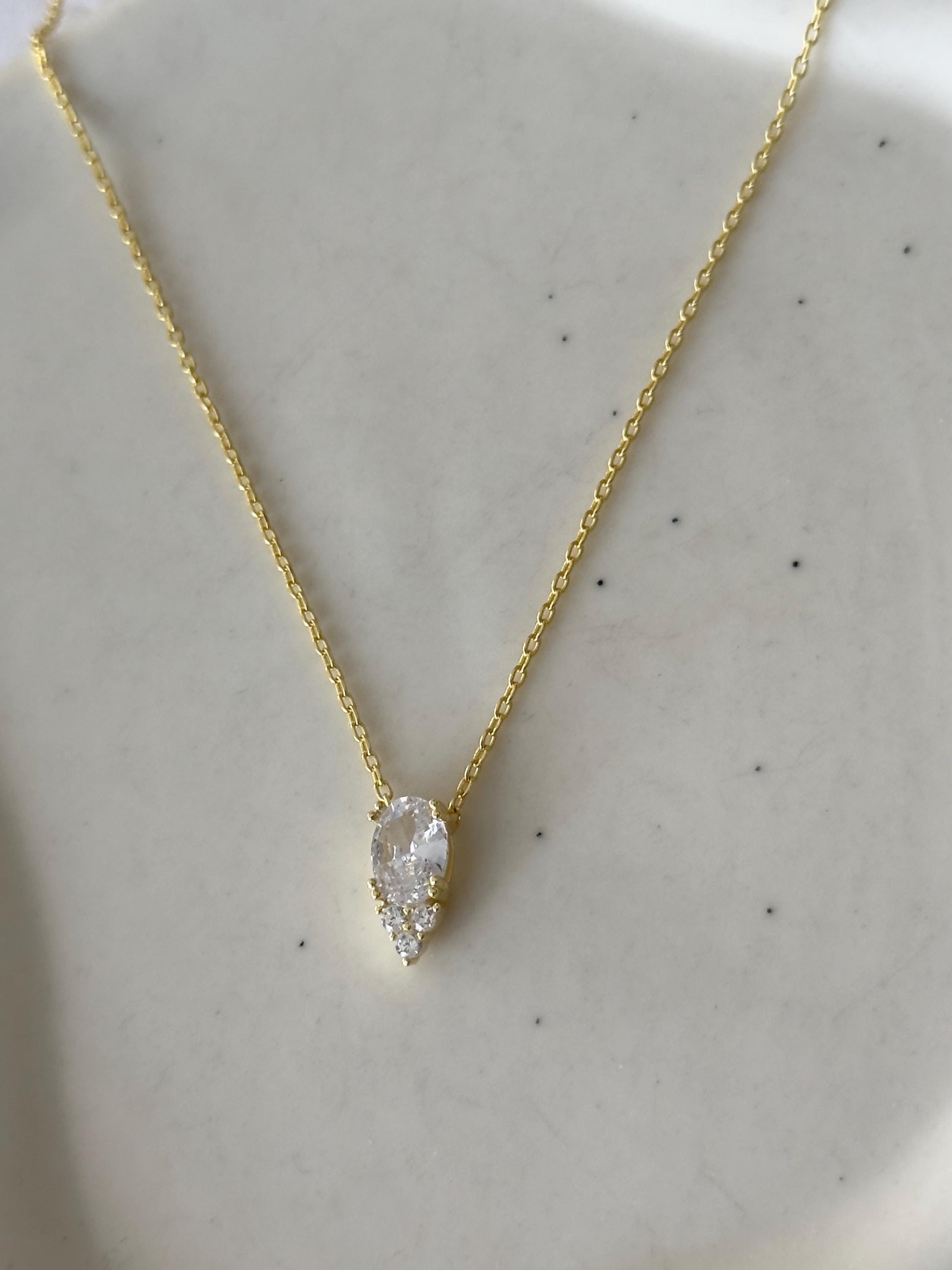 Teardrop Diamond Baguette Necklace: CZ Gemstone Pendant 925 Sterling Silver, 14k Gold Plated