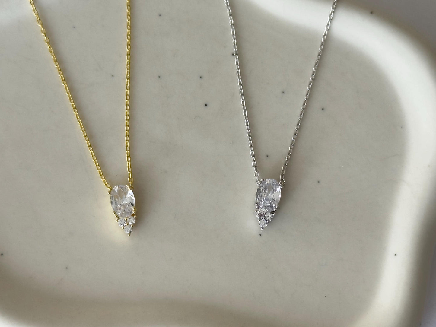 Teardrop Diamond Baguette Necklace: CZ Gemstone Pendant 925 Sterling Silver, 14k Gold Plated
