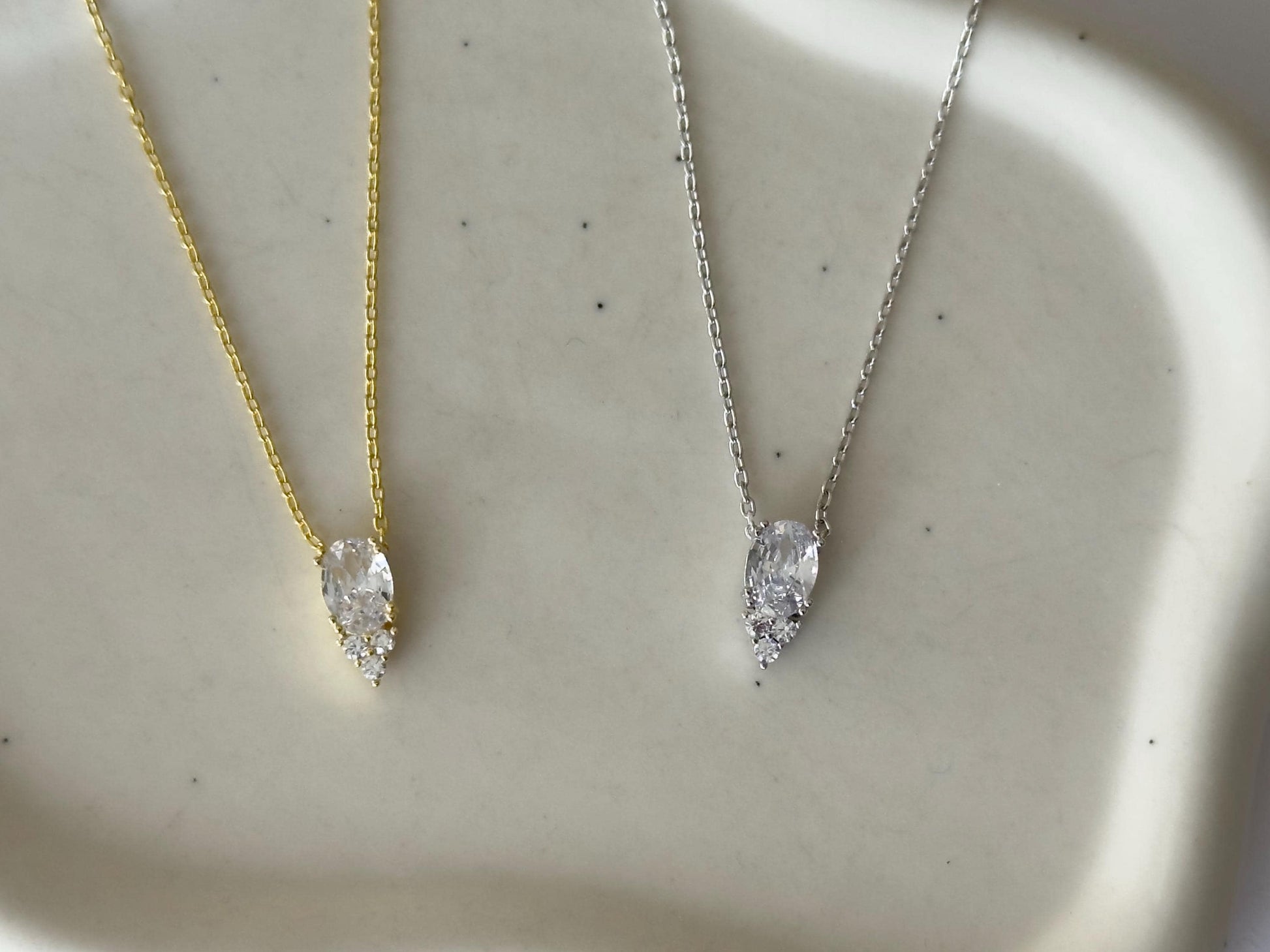 Teardrop Diamond Baguette Necklace: CZ Gemstone Pendant 925 Sterling Silver, 14k Gold Plated