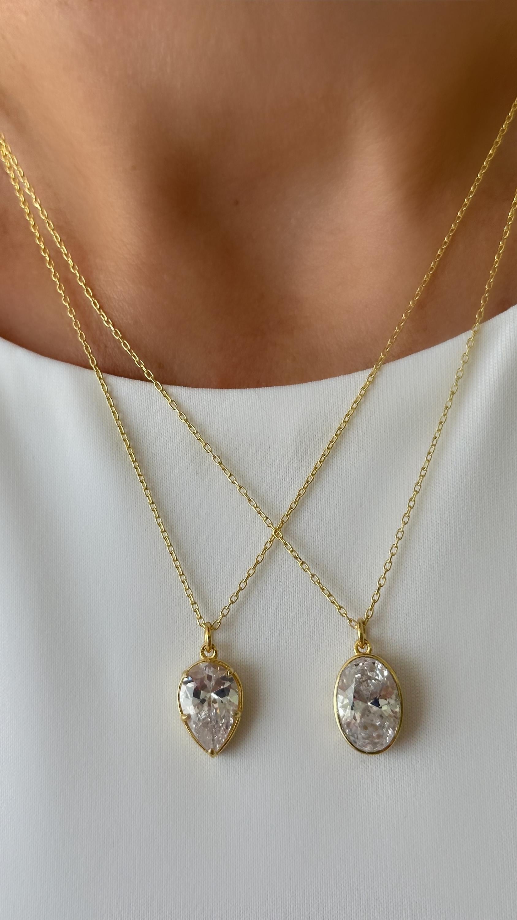 Gold teardrop diamond pendant necklace, 925 sterling silver minimalist design perfect for layering.