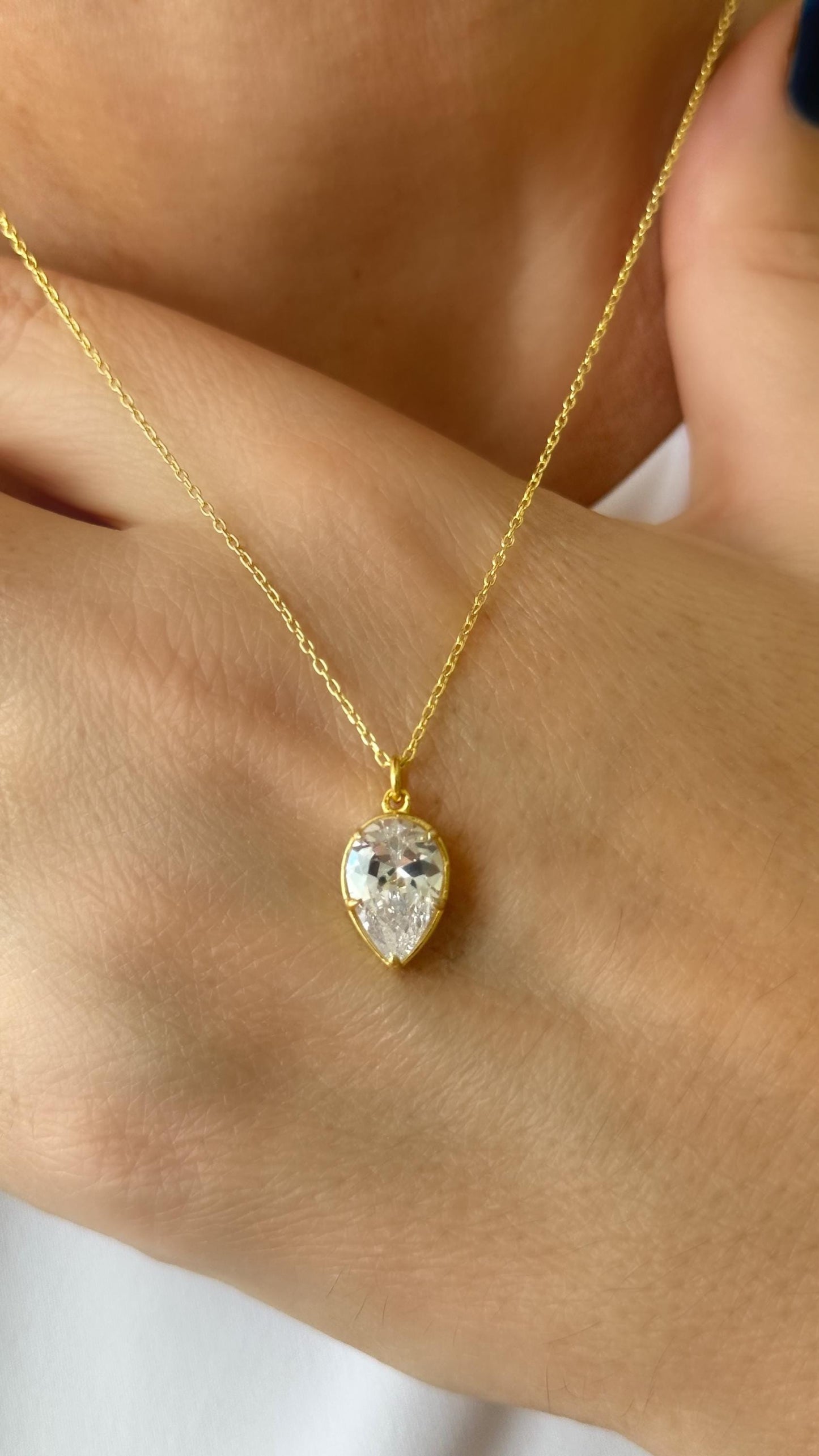 Gold teardrop diamond pendant necklace, 925 sterling silver minimalist design perfect for layering.