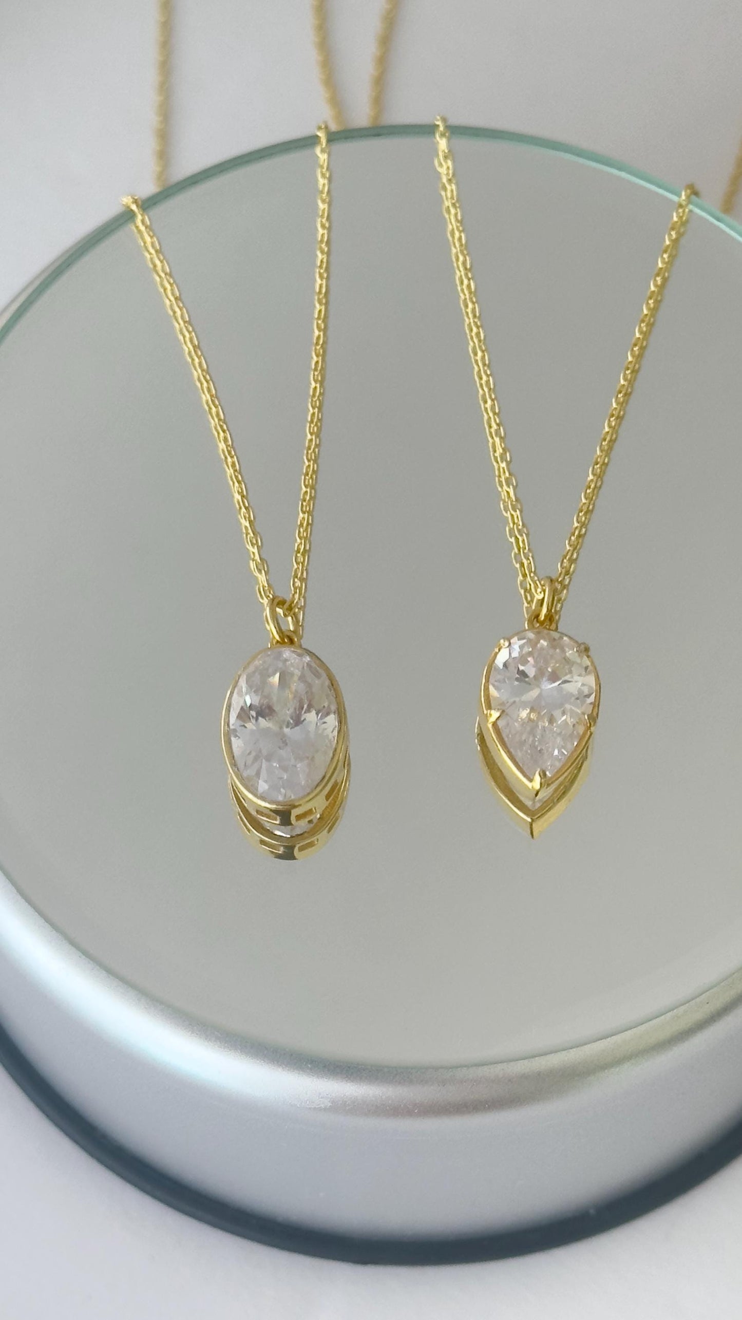 Teardrop CZ diamond necklace in 14K gold plated sterling silver, elegant bridal and bridesmaid jewelry handmade by Shineliz.