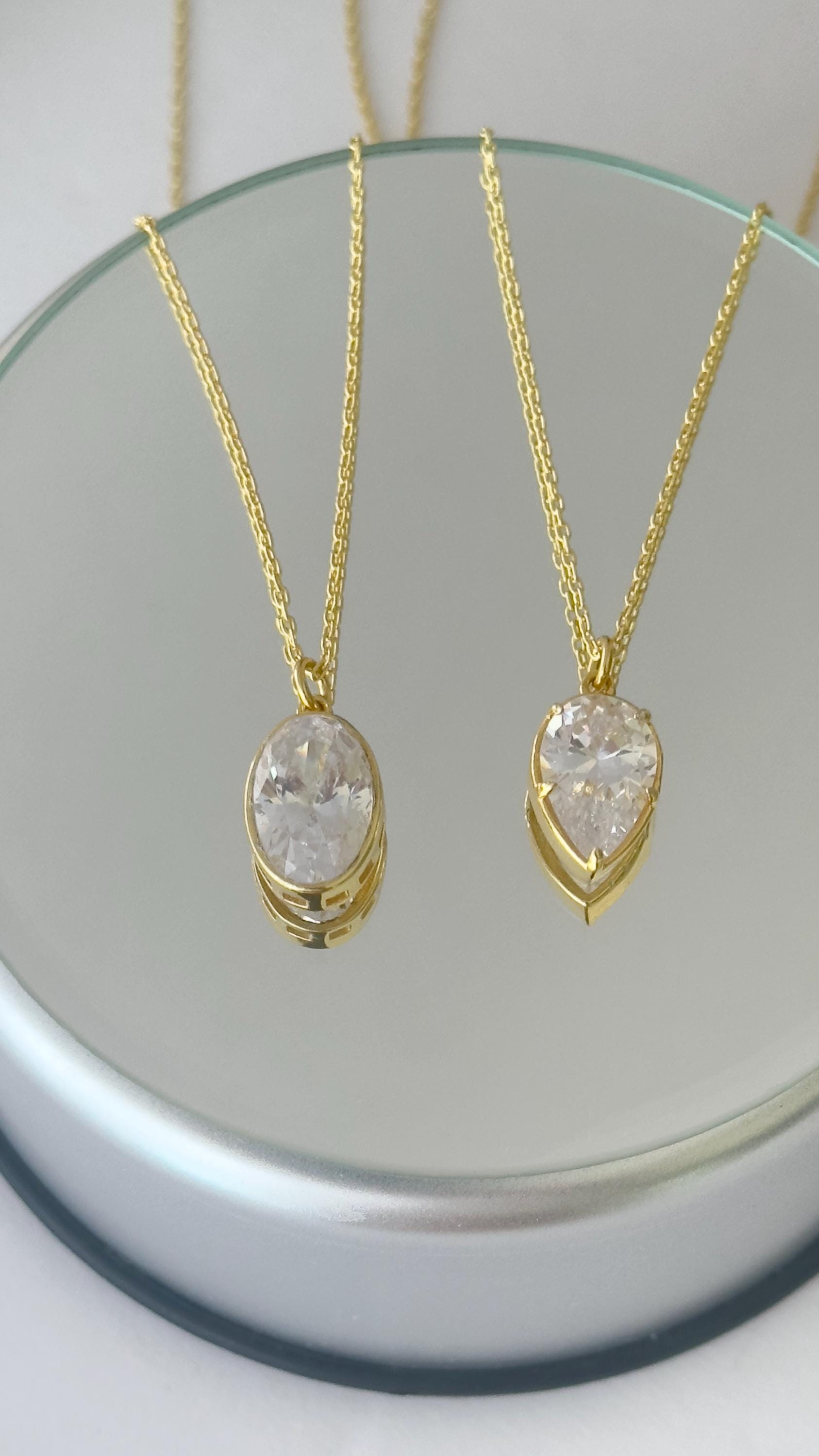 Teardrop CZ diamond necklace in 14K gold plated sterling silver, elegant bridal and bridesmaid jewelry handmade by Shineliz.