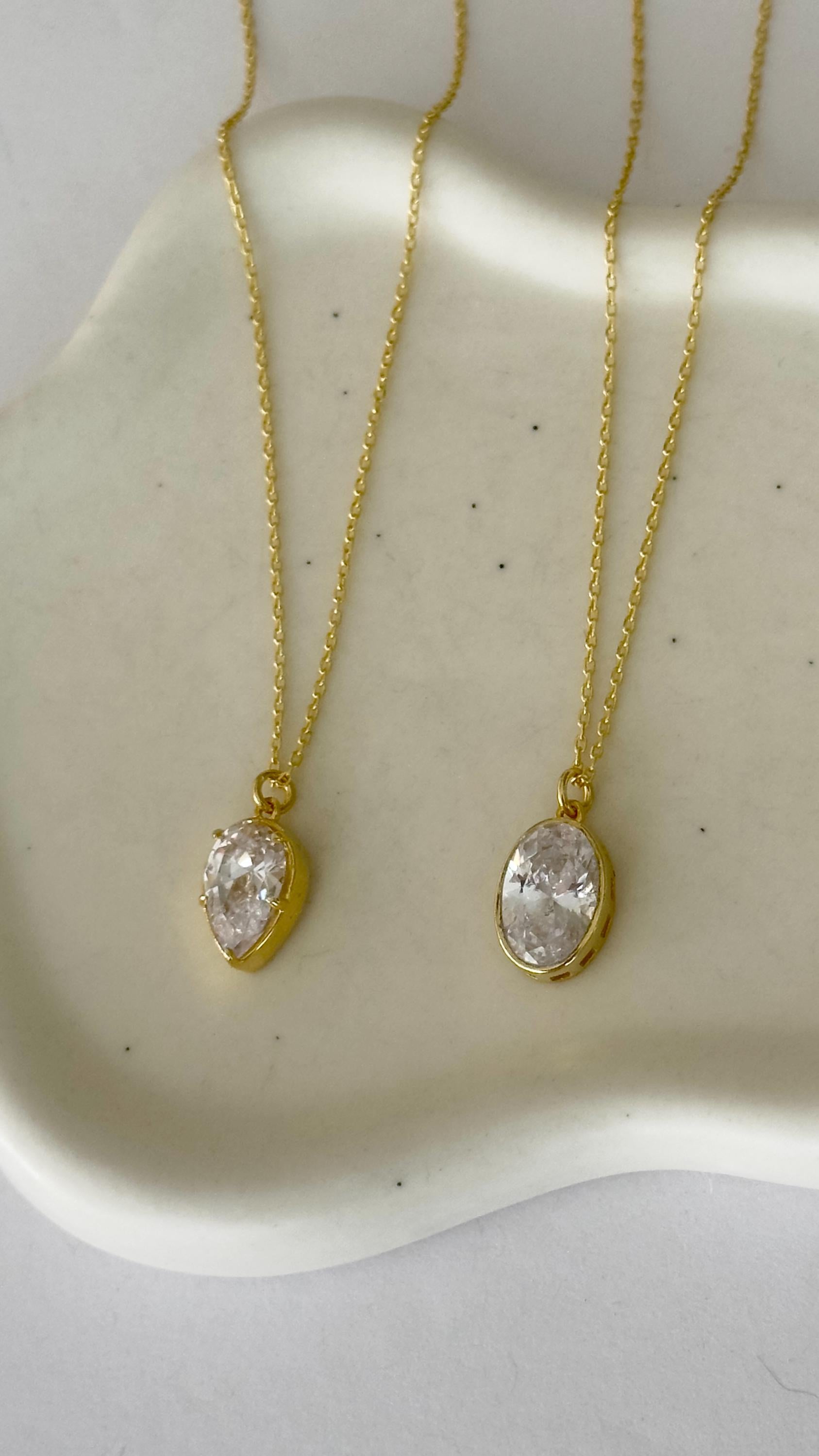 Handmade 14K gold plated sterling silver pendant necklaces with oval and teardrop CZ stones, minimalist fine jewelry for her.