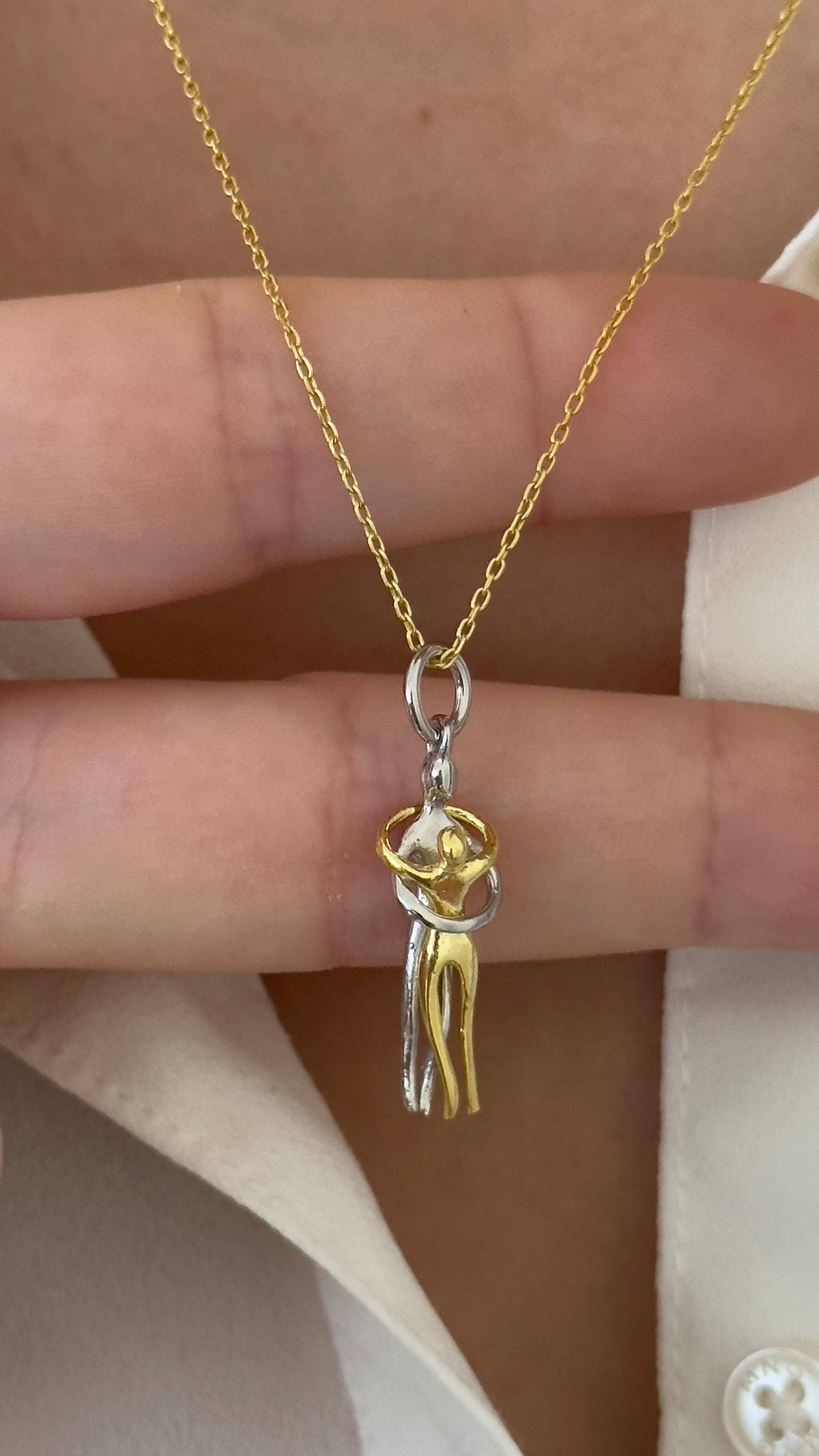 Couples Necklace, Hug Pendant Necklace, Eternal Lovers Dancing Necklace, Anniversary Gift, Girlfriend Gift, Gold Silver Jewelry Women Men