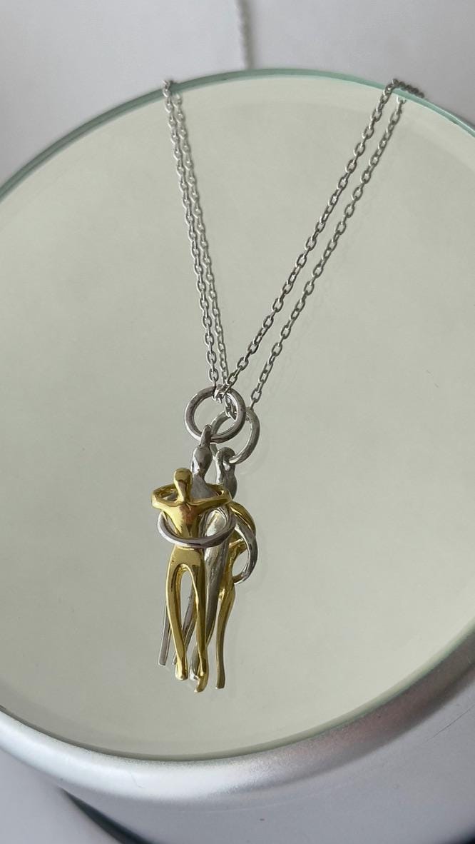 Two-Tone Hug Pendant Necklace: Sterling Silver 14k Gold Plated Couple's Jewelry Gift