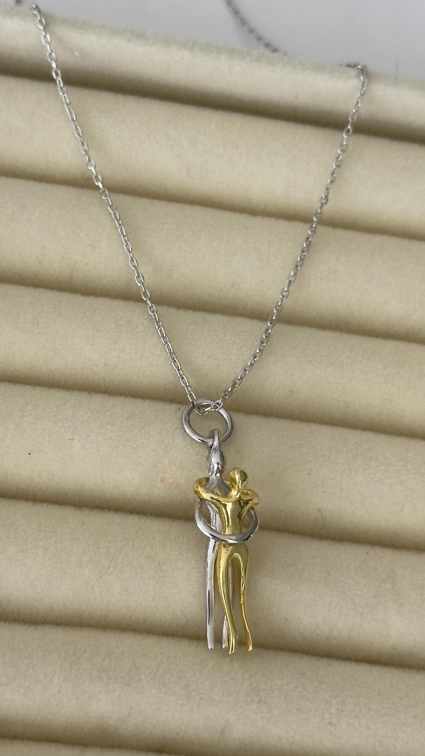 Two-Tone Hug Pendant Necklace: Sterling Silver 14k Gold Plated Couple's Jewelry Gift