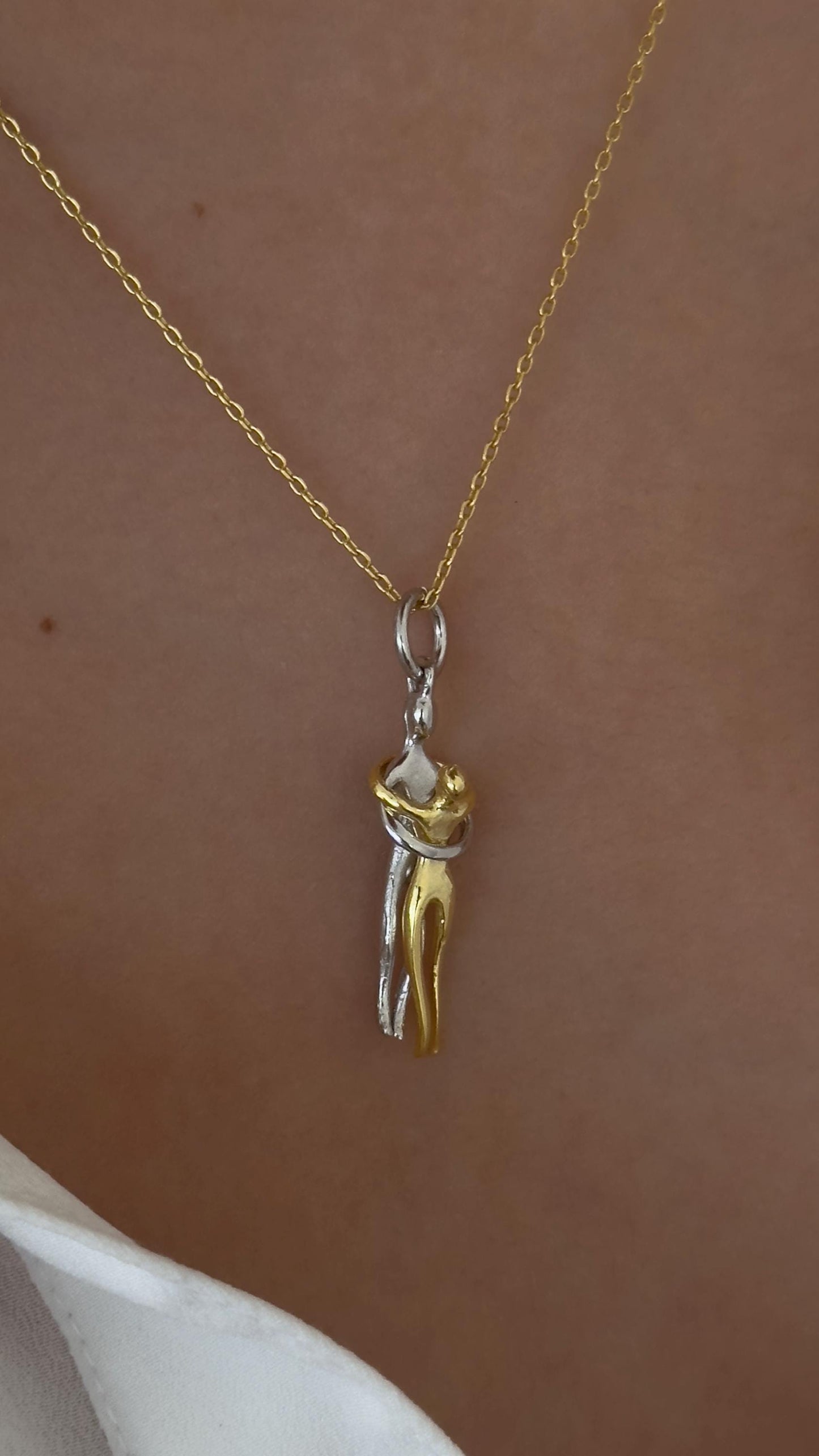Two-Tone Hug Pendant Necklace: Sterling Silver 14k Gold Plated Couple's Jewelry Gift