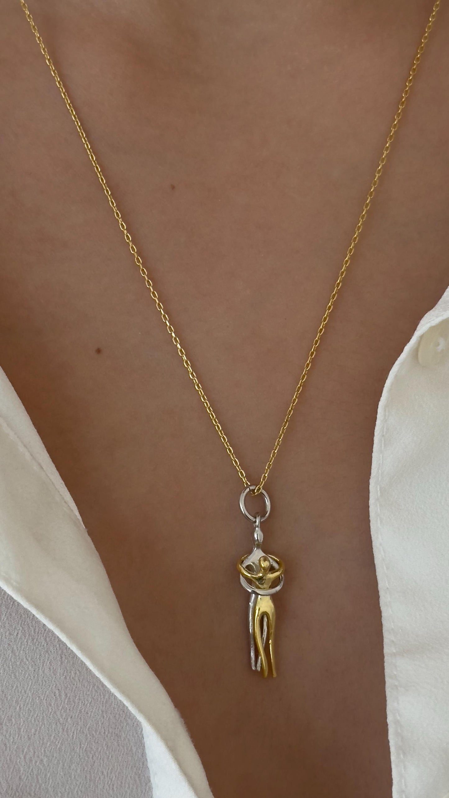 Two-Tone Hug Pendant Necklace: Sterling Silver 14k Gold Plated Couple's Jewelry Gift