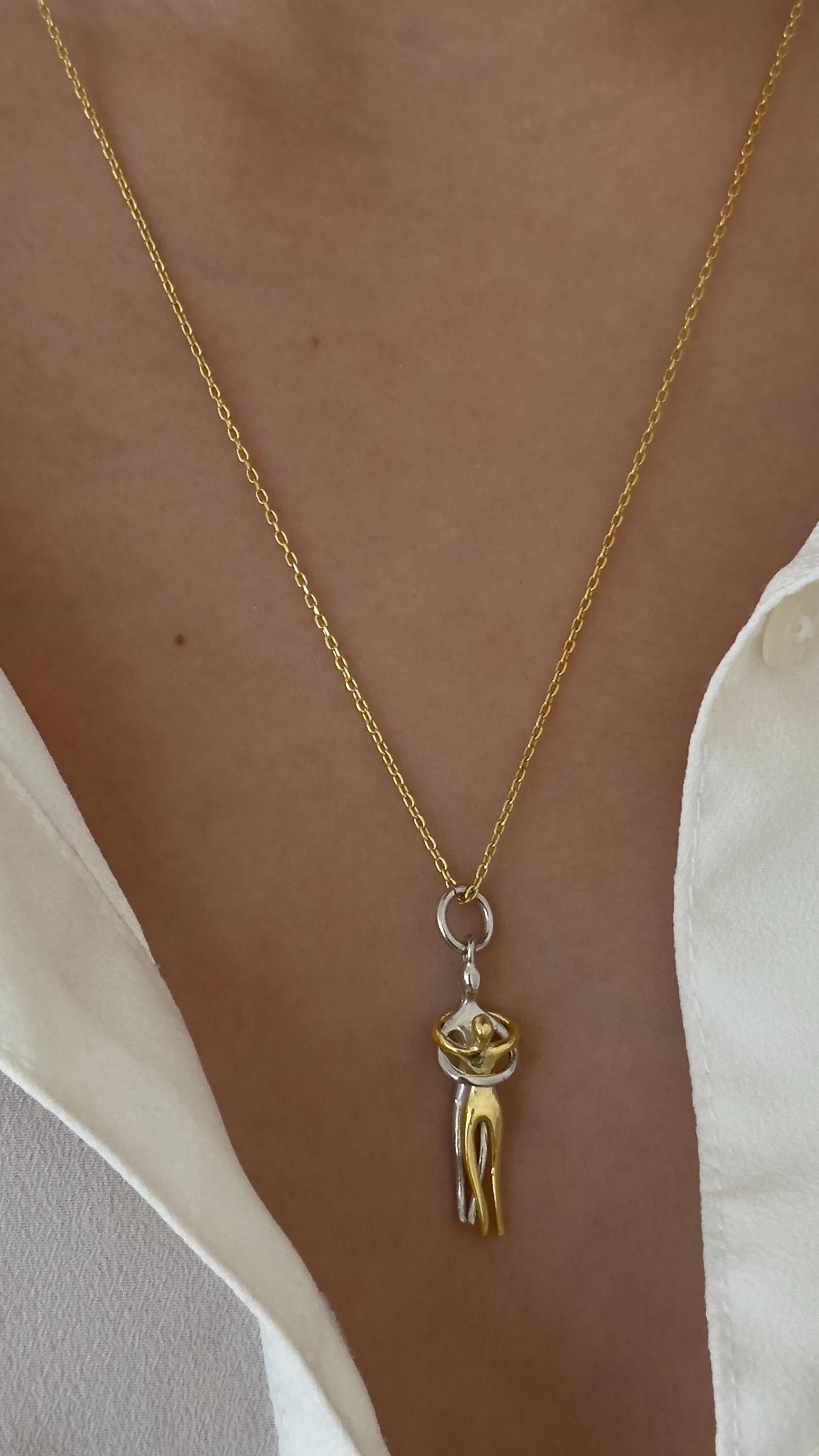 Two-Tone Hug Pendant Necklace: Sterling Silver 14k Gold Plated Couple's Jewelry Gift