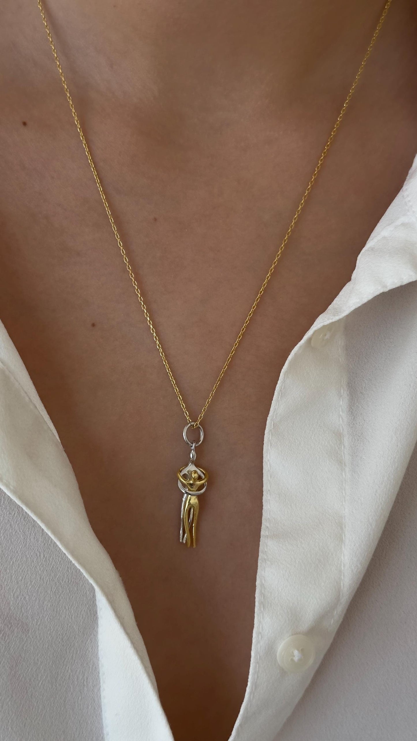Two-Tone Hug Pendant Necklace: Sterling Silver 14k Gold Plated Couple's Jewelry Gift
