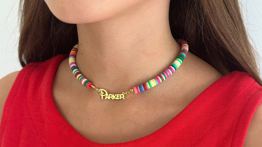 Girls personalized bead custom name necklace with rainbow heishi beads, kid's jewelry, teen necklace gifts 925 sterling silver, name jewelry gift for children