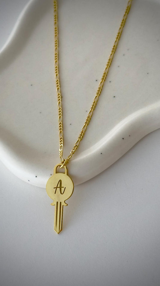 Custom initial key necklace with personalized engraved letter pendant in gold and silver, custom jewelry gifts for women men