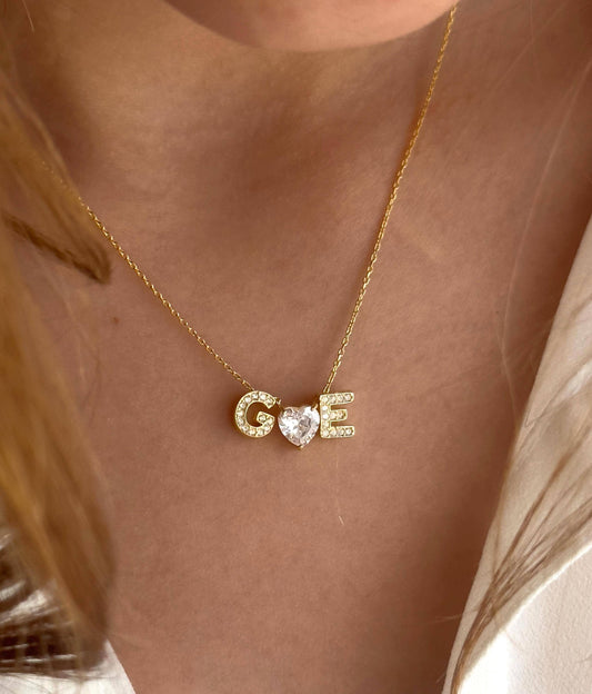 Diamond initial necklace with heart pendant, minimalist personalized 925 sterling silver gold plated jewelry gift for her