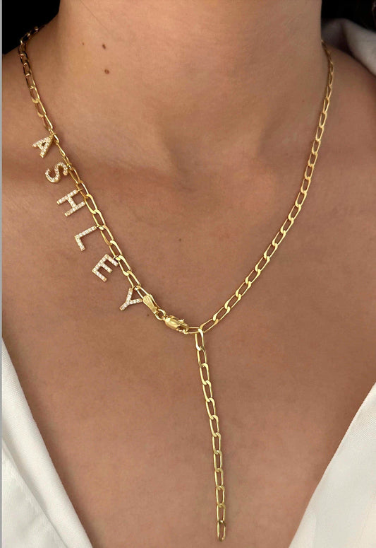 Personalized Lariat Name Necklace - CZ Diamond Initial Pendant Paperclip Link Chain Unique Jewelry Gift