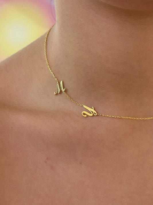 Minimalist 2 initial necklace in 14K gold plated 925 sterling silver, dainty personalized double letter necklace on model, custom jewelry gift for her, girlfriend, wife, anniversary gift