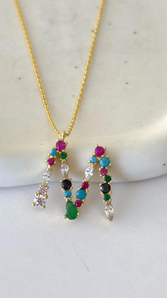 Multicolor Custom Initial Necklace, featuring a vibrant CZ gemstone letter pendant on an adjustable sterling silver chain. Perfect personalized gift for birthdays, anniversaries, or everyday wear, 925 Sterling Silver Handmade Jewelry