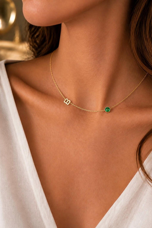 Custom sideways initial necklace with green birthstone, dainty personalized letter necklace in 925 sterling silver, everyday layering jewelry.