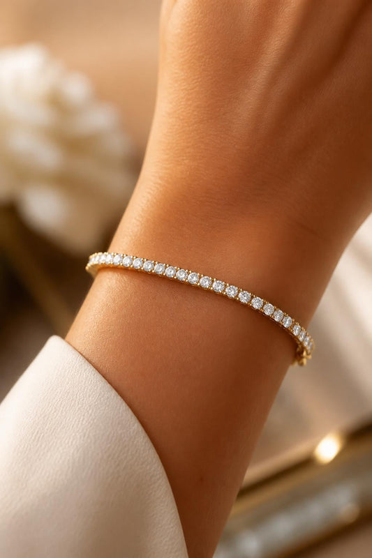 Gold Filled Diamond Tennis Bracelet worn on wrist, dainty crystal bangle bracelet for women, elegant wedding jewelry, bridesmaid gift, everyday luxury jewelry