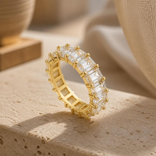 18K gold filled baguette diamond eternity ring with sparkling clear stones, waterproof stackable wedding band for women.