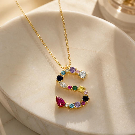 Diamond Initial Necklace featuring a colorful gemstone letter pendant in Solid 925 Sterling Silver with 14K gold finish, dainty personalized necklace, rainbow gemstone jewelry, gift for her.