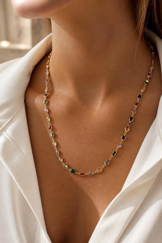 Multicolor Diamond Necklace, Colorful Gemstone Necklace, Dainty Gold Necklace, Wedding Jewelry, Gift for Her