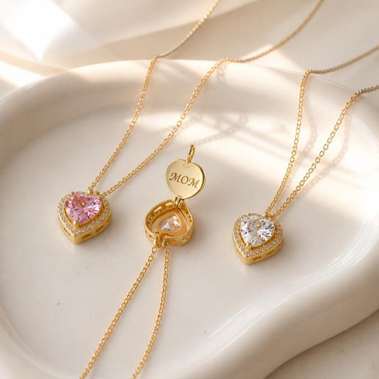 Personalized diamond heart name necklace featuring pink and clear crystal options with custom engraved heart pendant. Personalized jewelry gift for mom, new mom, wife, girlfriend, Mother's Day, mom birthday, anniversary, Valentine's Day, and family keepsake.