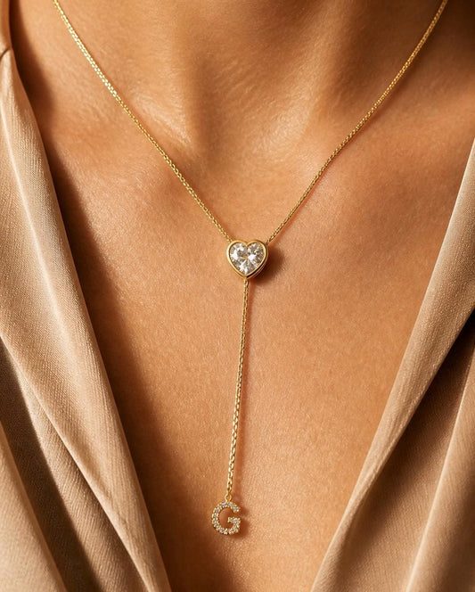 Diamond Initial Lariat Y Necklace, 3D Heart Pendant, Gold Long Drop Necklace, Personalized Jewelry Gift for Her