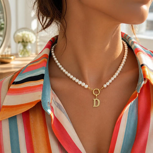 Gold pearl initial necklace with custom letter pendant, personalized freshwater pearl necklace for women, elegant monogram jewelry gift for her.