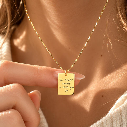 Model wearing a personalized Gold Filled actual your own handwriting necklace featuring a custom engraved pendant on a premium Diamond Cut Sparkle Chain with shimmering faceted links, meaningful memorial jewelry and signature keepsake gift for her.