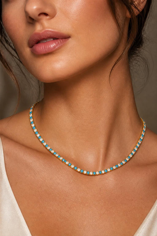 Model wearing a Gold Filled turquoise diamond tennis necklace, waterproof colorful gemstone jewelry and gift for her.