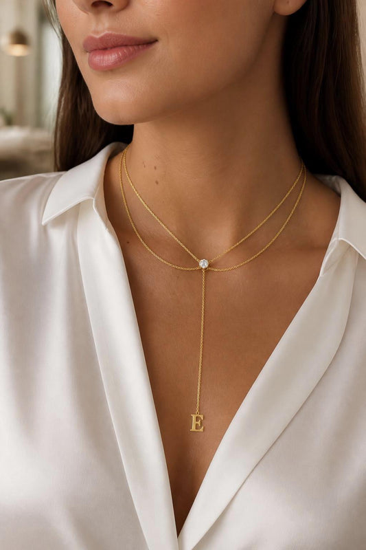 Dainty Initial Lariat Necklace: Sterling Silver Long Y Drop Letter Pendant, CZ Solitaire Diamond, Personalized Jewelry