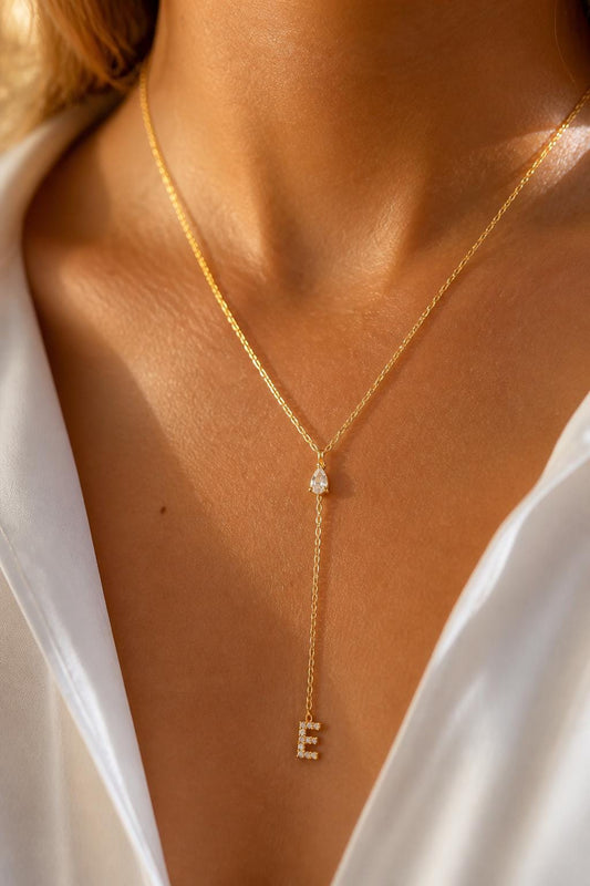 Dainty drop diamond initial necklace, letter pendant in sterling silver, personalized letter necklace for women, elegant minimalist everyday jewelry gift.