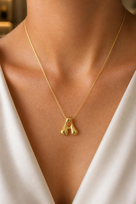 Gold bubble letter A necklace in sterling silver with 14K gold finish, chunky puffy initial pendant necklace, personalized letter jewelry for everyday wear and gift for her.