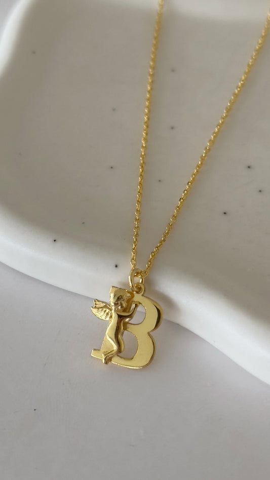 Angel Letter Necklace 14k Gold,  Initial Guardian Baby Angel Pendant, Custom Letter Necklace Personalized Jewelry Gifts, 925 Sterling Silver Handmade