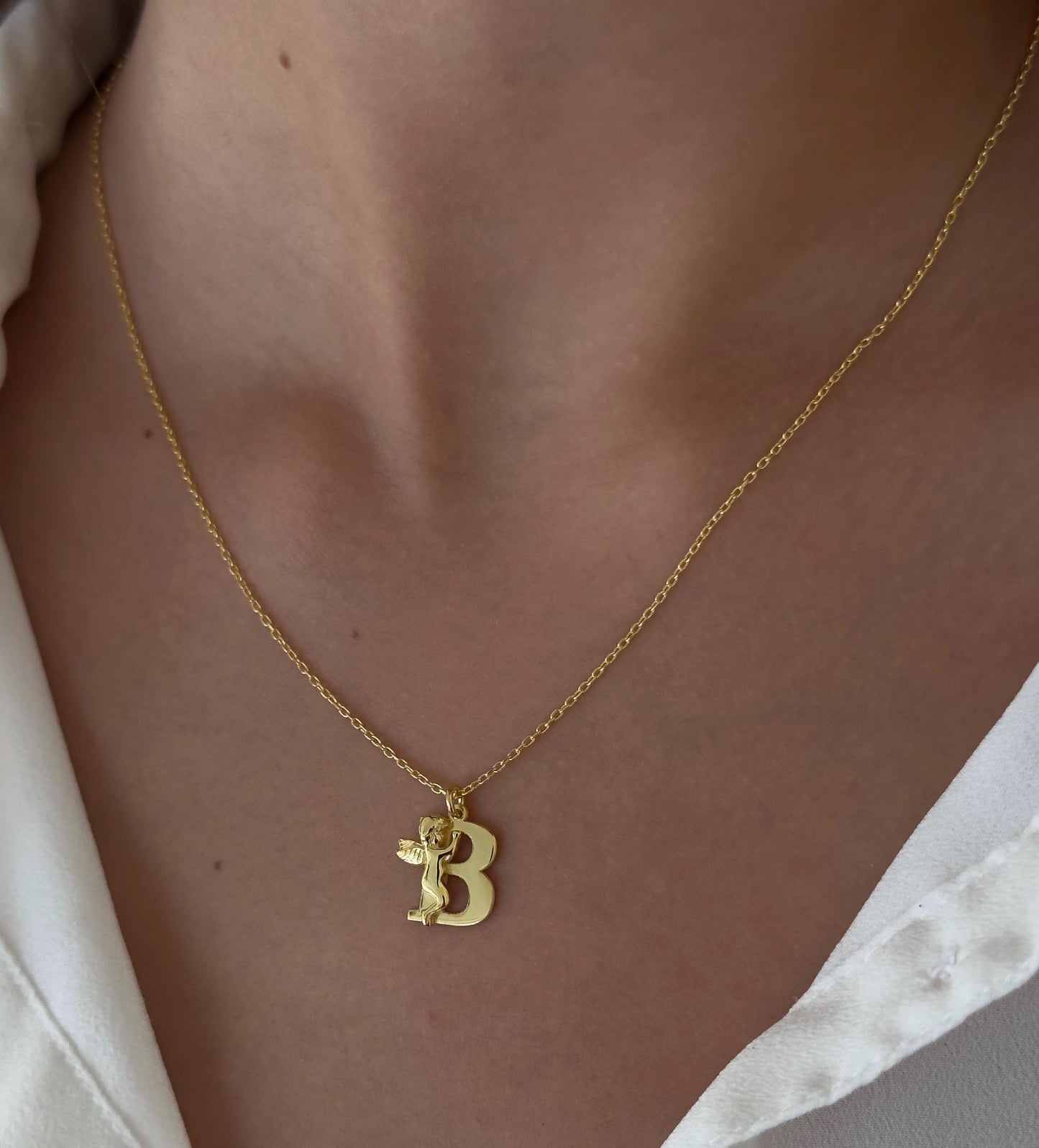 14k Gold Angel Letter Necklace: Sterling Silver Custom Initial Pendant Personalized Jewelry Gift