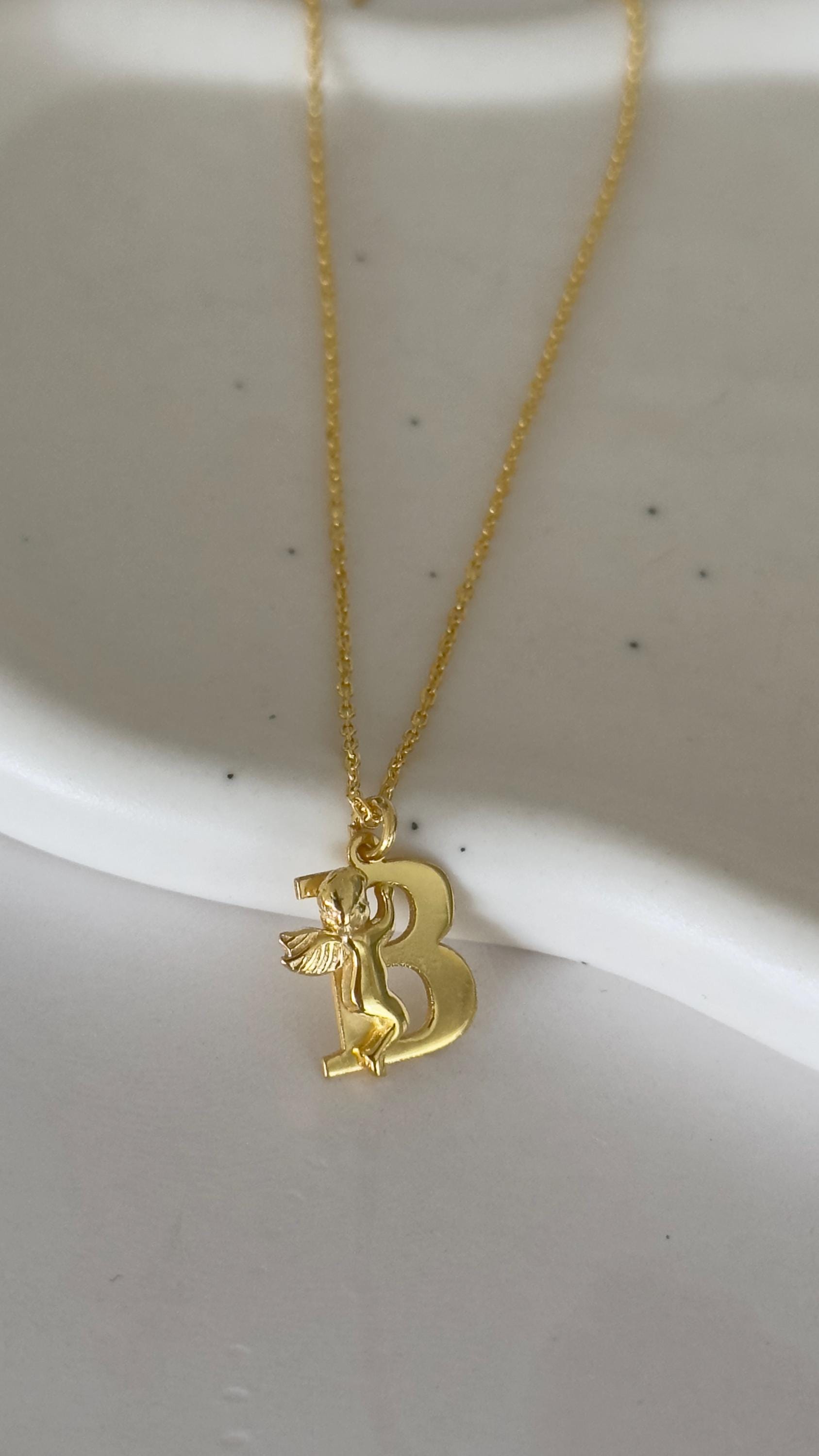 14k Gold Angel Letter Necklace: Sterling Silver Custom Initial Pendant Personalized Jewelry Gift