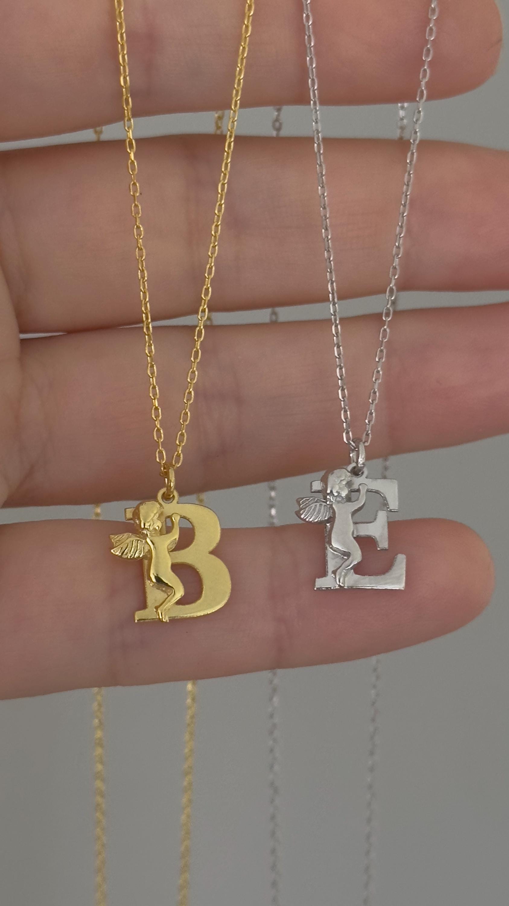 14k Gold Angel Letter Necklace: Sterling Silver Custom Initial Pendant Personalized Jewelry Gift