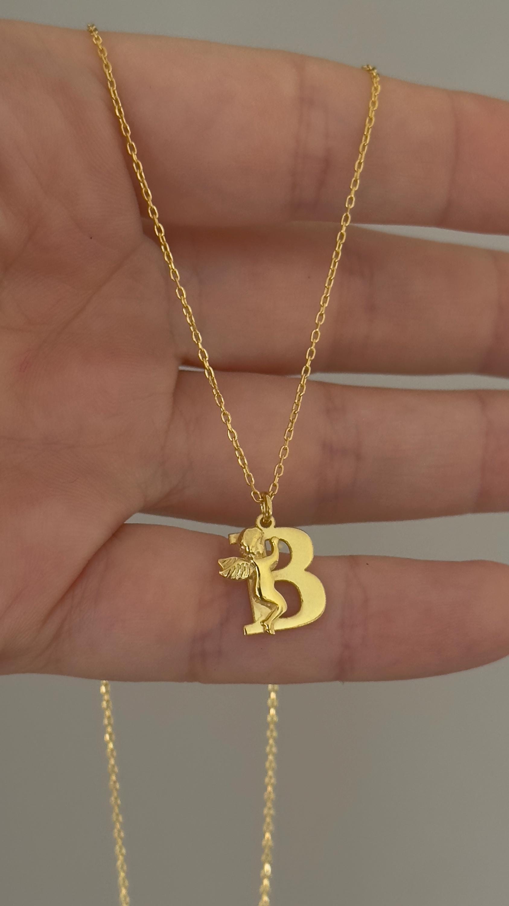 14k Gold Angel Letter Necklace: Sterling Silver Custom Initial Pendant Personalized Jewelry Gift