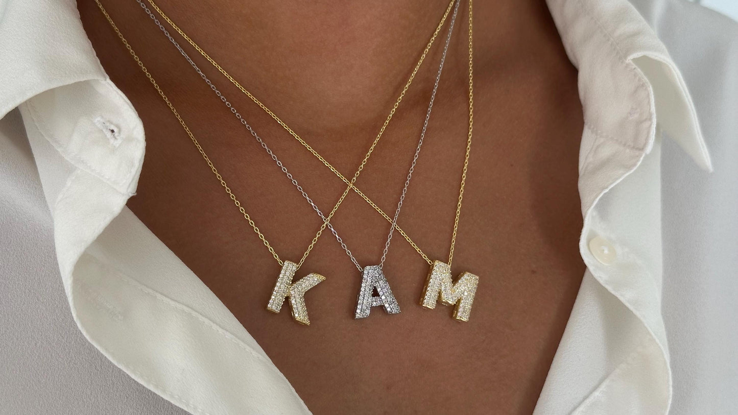 Pave Bubble Letter Necklace 14k Gold, Diamond Bubble Letter Pendant, 3d Custom Letter Necklace, Initial Letter Charm, Personalized Jewelry, initial necklace gold, letter necklace, monogram jewelry, alphabet necklace, personalized gifts, custom gift,necklace stack, crystal necklace, trendy necklace