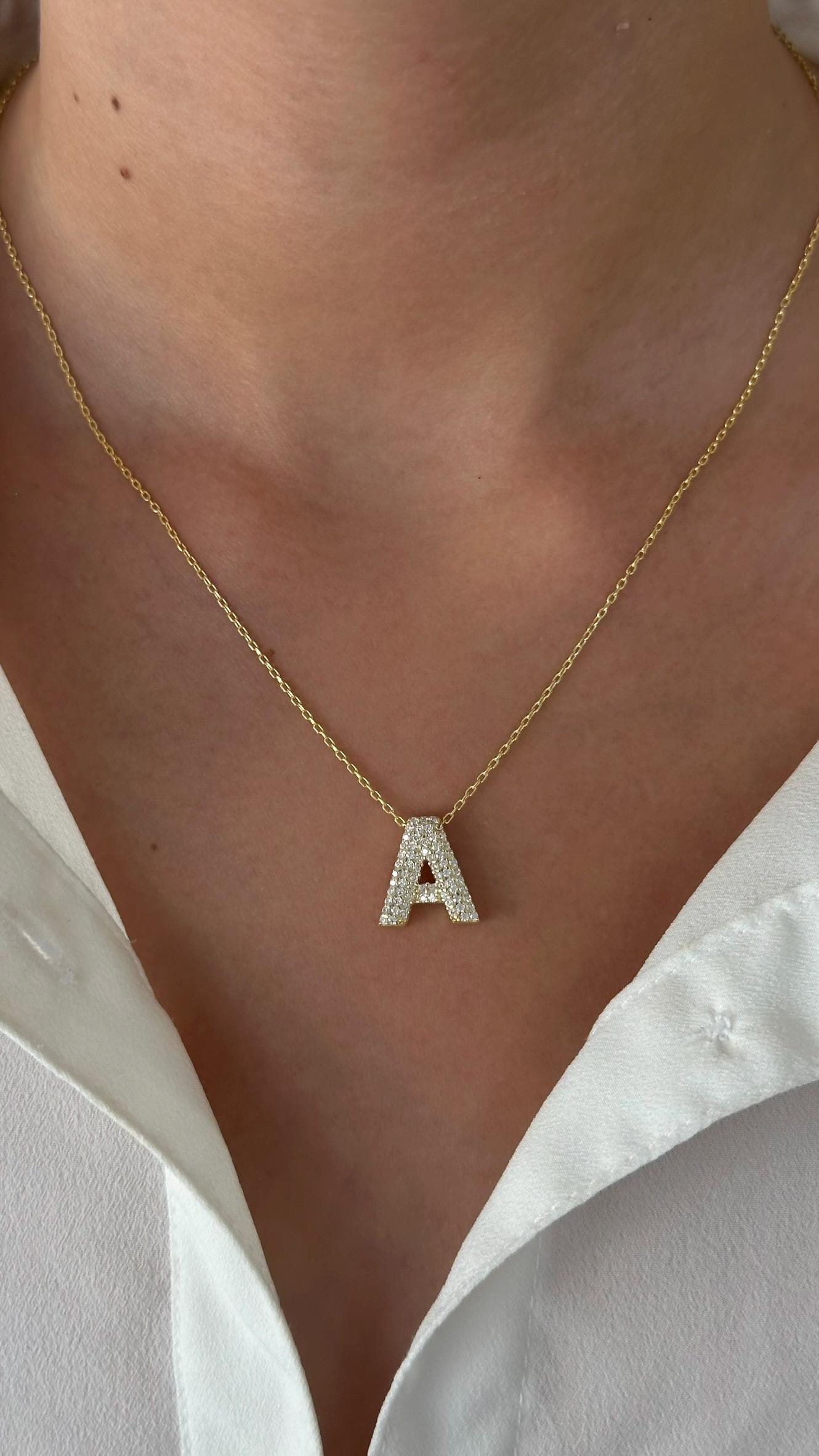 14k Gold Bubble Letter Necklace: Diamond Initial Pendant Personalized Jewelry Gift