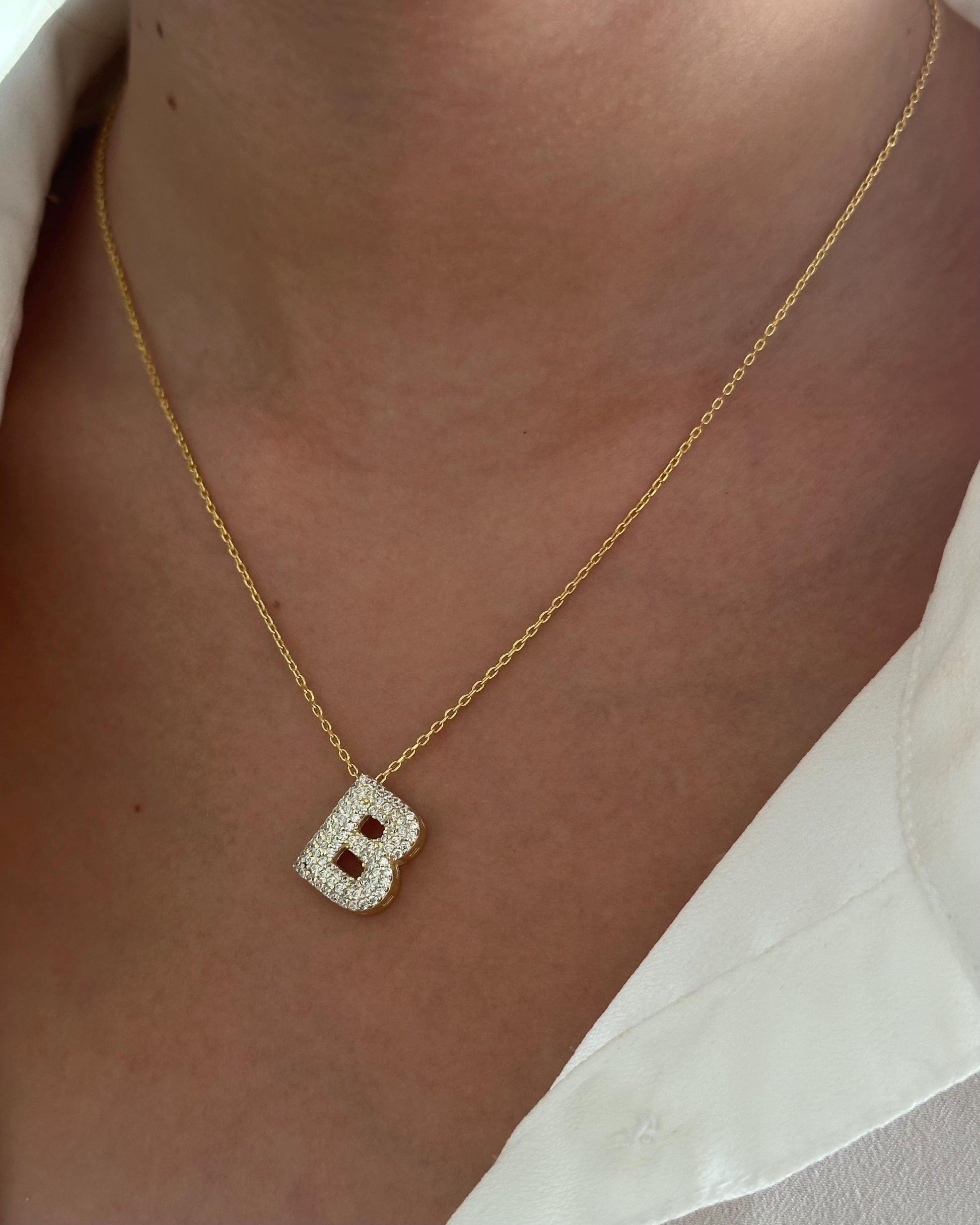 14k Gold Bubble Letter Necklace: Diamond Initial Pendant Personalized Jewelry Gift